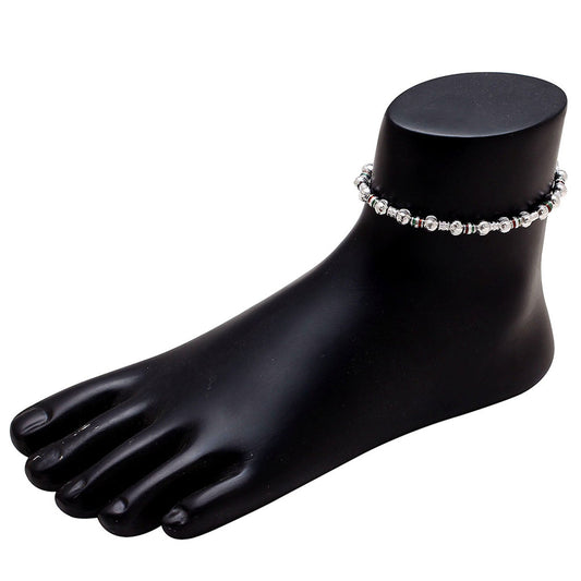 Silver plated Meenakari and Carved balls, single strand ethnic Fashion Anklet