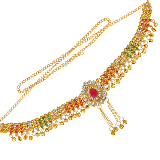 Brass Goldplated Faux Ruby & Imitation Diamonds Traditional Kamarbandh