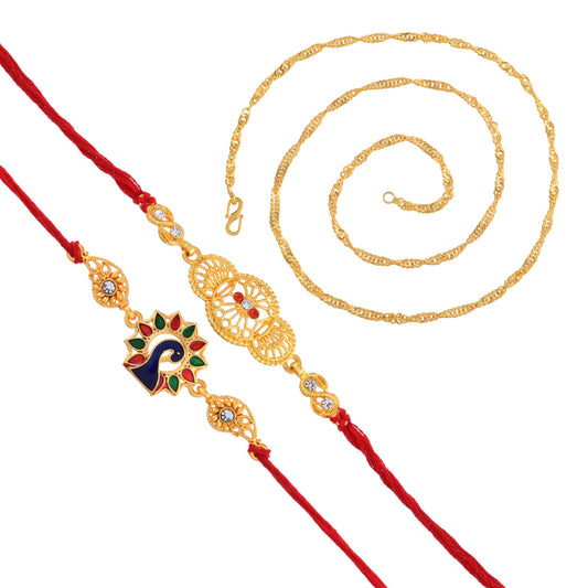 Silver and Goldplated Rakhi Set for Bhai Bhabhi Brother Bhaiya with Goldplated Brass chain for Rakshabandhan (Pack of 3)