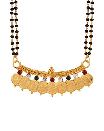 Gold plated 9 coin Laxmi & multi color CZ studded Mangalsutra for Women