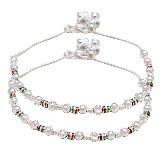 Silver plated Meenakari and Carved balls, single strand ethnic Fashion Anklet