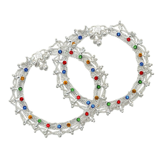 Silver plated Jhalar pattern CZ studded Colourful Chain Anklet for Women
