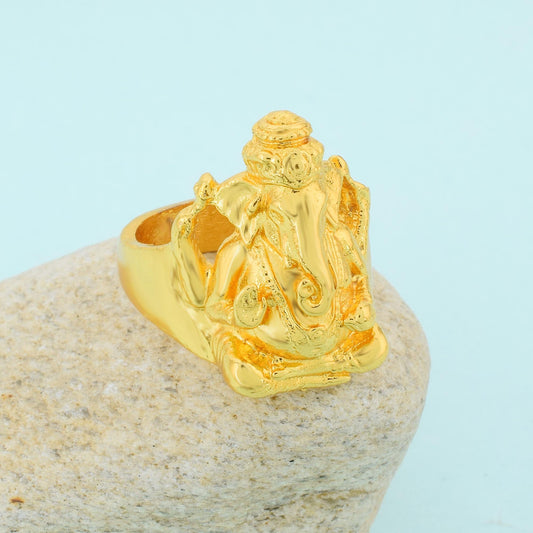 Micron Goldplated Ganesh Men Engagement Wedding all purpose Heavy finger ring (ORMG3427)