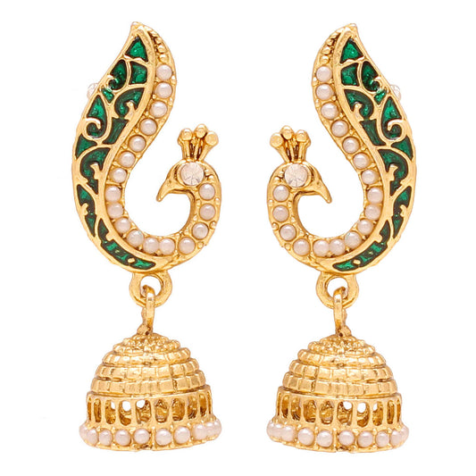 Gold Plated Green Meenakari Pearl Beaded Peacock Dangle & Drop Jhumki Earrings for Women