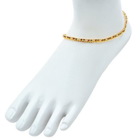 Gold plated Ruby, Emerald, Diamond Coloured prong CZ studded 10 Inch 12Gm real gold look, single liner rich looking Anklet