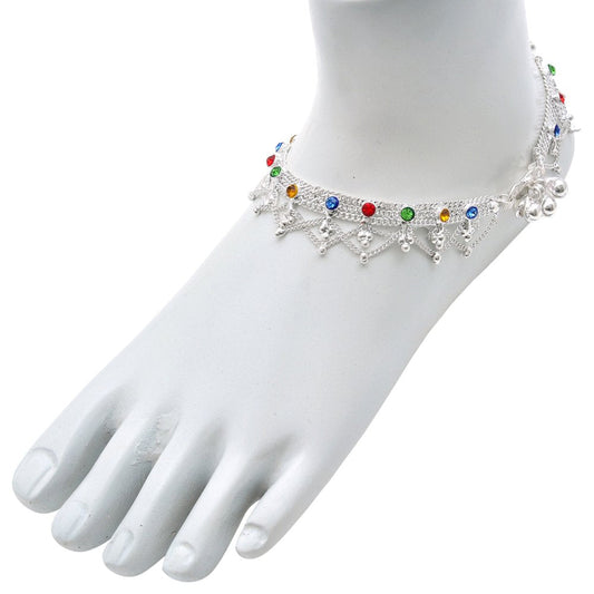 Silver plated Jhalar pattern CZ studded Colourful Chain Anklet for Women