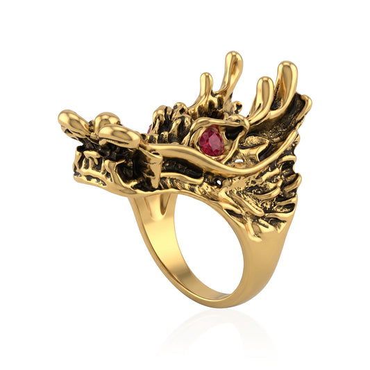 Brass Antique Gold Plated Chinese Dragon Finger Ring (ORRI5447)