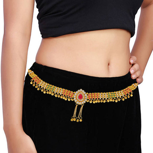 Brass Goldplated Faux Ruby & Imitation Diamonds Traditional Kamarbandh