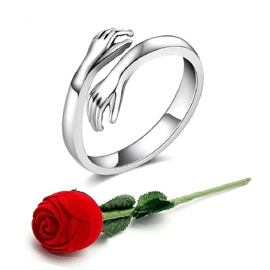 Silver plated Hug ring in Rose gift box for Valentines (HDAJ3134)