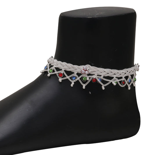 Silver plated multistrand, colourful CZ, Ethnic Traditional Stylish Bridal wedding Payal Pajeb Anklet Women