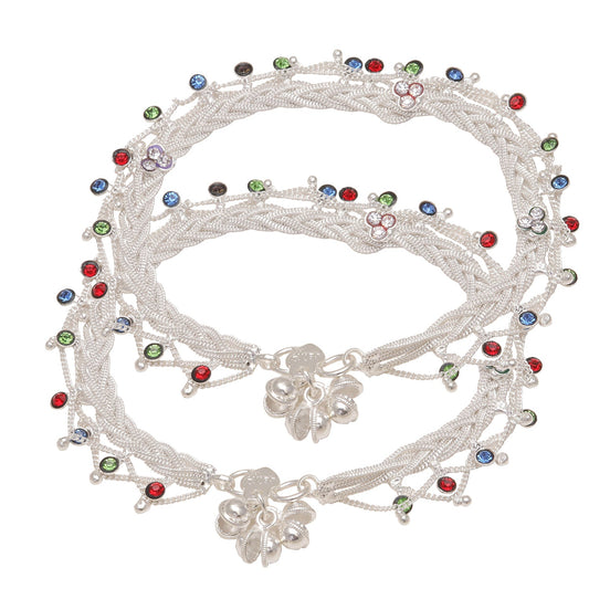 Silver plated multistrand, colourful CZ, Ethnic Traditional Stylish Bridal wedding Payal Pajeb Anklet Women