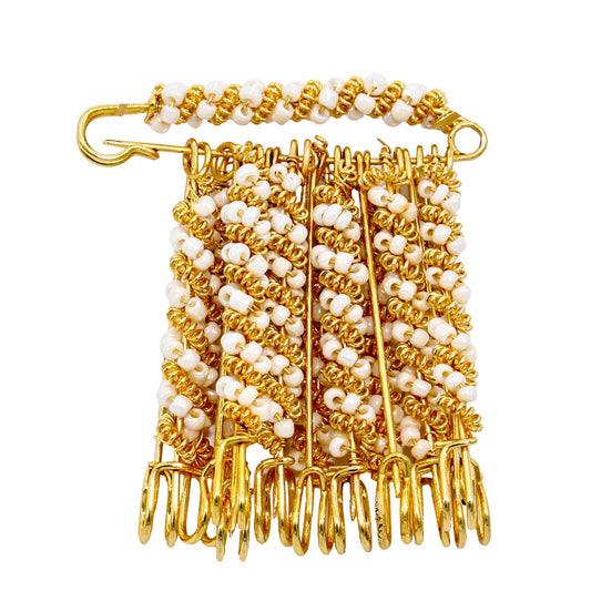 Gold Plated White Beaded Gold Plated Brass Wired Set of 12 Saree Dupatta Pin