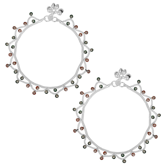 Silver plated Gujarati Toran design, jhalar pattern CZ studded Colourful Anklet