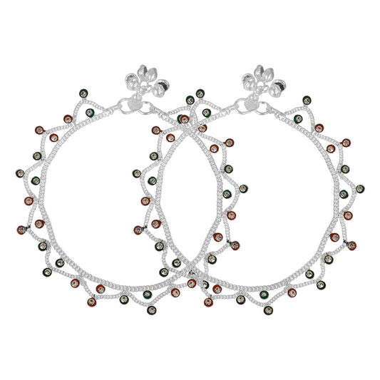 Silver plated Gujarati Toran design, jhalar pattern CZ studded Colourful Anklet