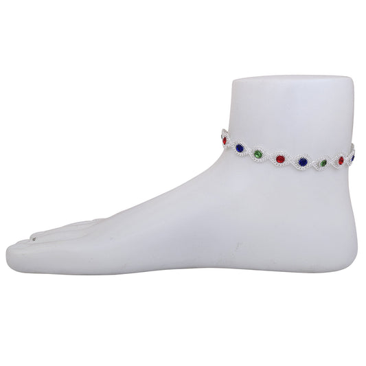 Silver plated Multi-colour AD studded, eye shaped, Stylish payal pajeb Anklet
