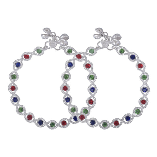 Silver plated Multi-colour AD studded, eye shaped, Stylish payal pajeb Anklet