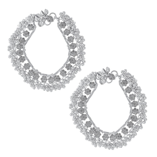 Silver plated Brass, CZ studded flower pattern, Jhalar Ghungroo Payal (AKRM6305)