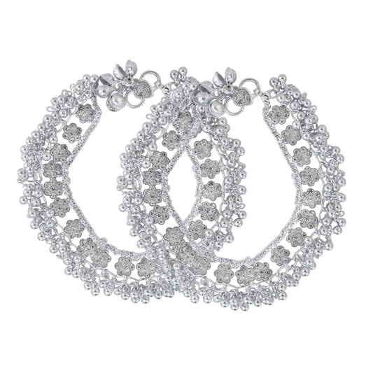 Silver plated Brass, CZ studded flower pattern, Jhalar Ghungroo Payal (AKRM6305)