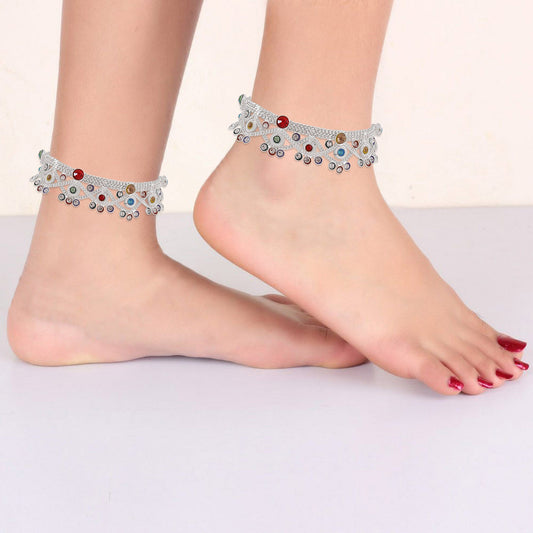 Silver plated Glittering colourful crystals, Big and broad, Ethnic Payal Pajeb Anklet