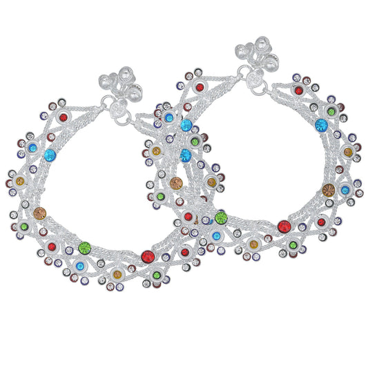 Silver plated Glittering colourful crystals, Big and broad, Ethnic Payal Pajeb Anklet