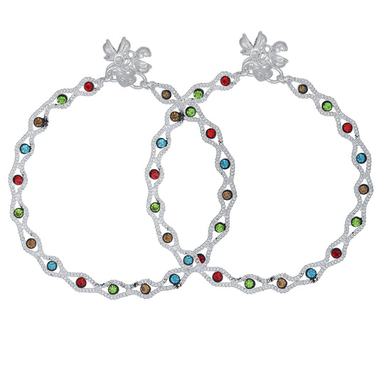 Silver Plated sleek and sober, Eye design, colourful CZ Payal Pajeb Anklet Women