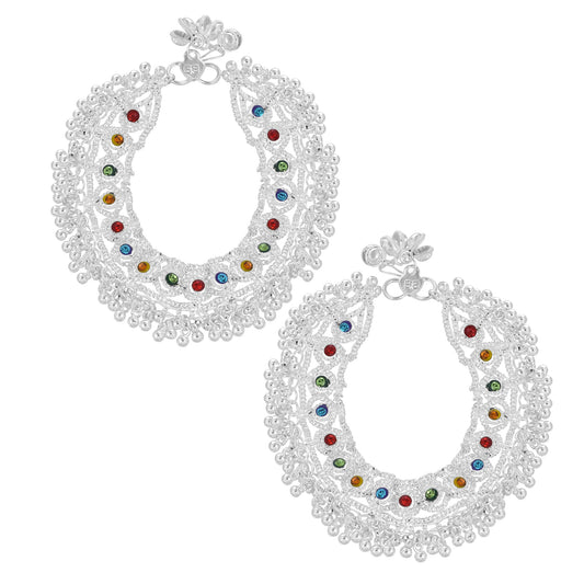 Silver plated Broad, Colourful CZ studded ghungru Traditional Payal