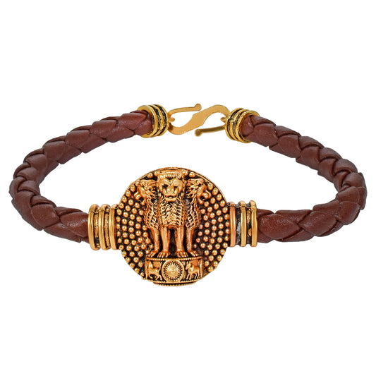 Pure Leather Antique Brass Three Lion Indian emblem patriotic Bracelet (BLNI8194)