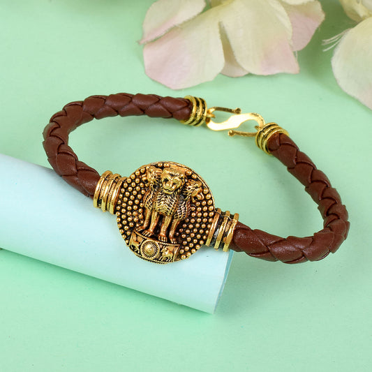 Pure Leather Antique Brass Three Lion Indian emblem patriotic Bracelet (BLNI8194)