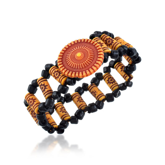 Handcrafted Wooden Bead Bracelet - Earthy Terracotta Medallion & Sun-Motif Africa inspired tribal jewellery Boho Ethnic Style( BLRM6719)