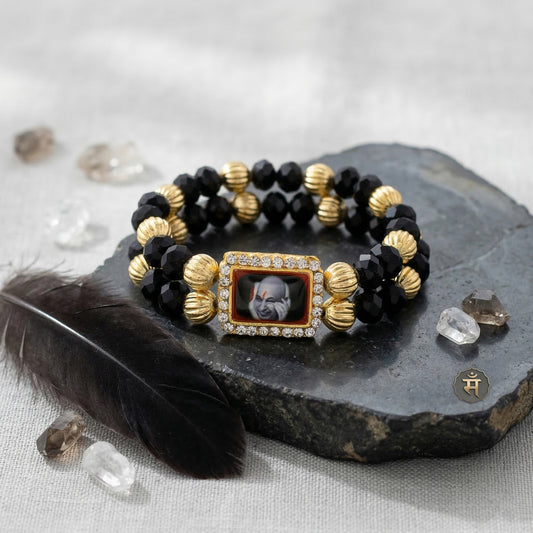 Black onyx Brass Gold beaded Guruji Bracelet for men women (BLRM6723)