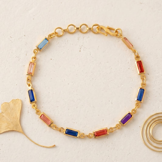Brass Gold Plated Multi-Colour Baguette shaped Semi-Precious Stone Studded Bracelet for Women (BLSV1759)