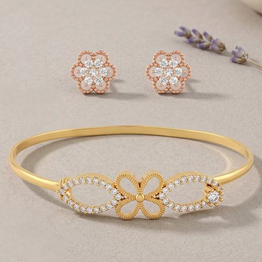 Brass 22Kt Micron 1 gram Gold moissanite imitation diamond studded Bracelet for Women with Pink rose gold plated moissanite earring studs