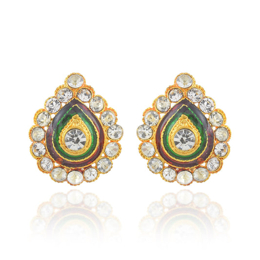 Gold plated CZ and Meenakari Pearshape stud earring