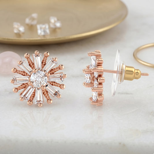 22K Pink Rose Gold Plated immitation diamond Moissanite Sunburst Stud Earrings Tops (ERDM3924)