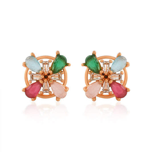 Brass Micron Goldplated Multicolour Gemstones Women Stud Earrings