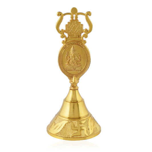 Premium Brass Gold-Plated Sweet Sound Hindu Spiritual Pooja Bell with Trishul Handle Dual-Sided Laxmi & Ganesha Design Handbell (HDKL7824)