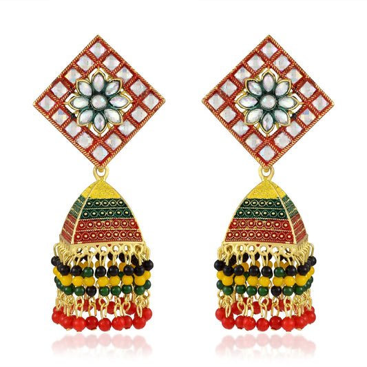 Brass Goldplated Handmade Rasrawa Kundan Colourful Jhumka Earrings