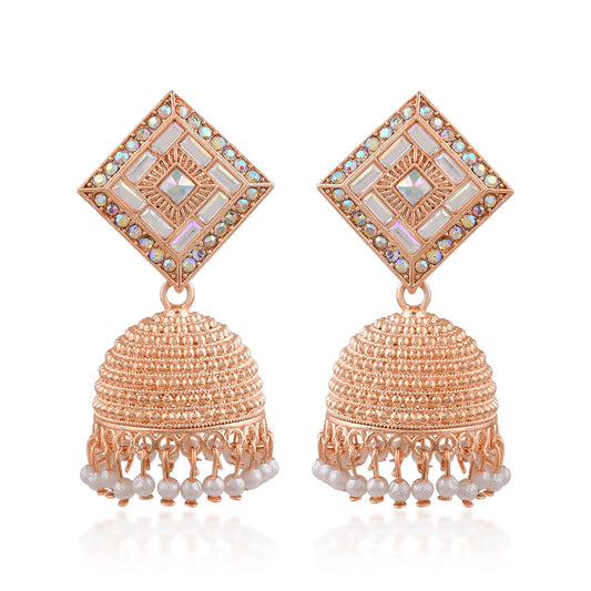 Brass Pink Rose Goldplated Kundan Rasrawa Traditional Jhumki Earrings