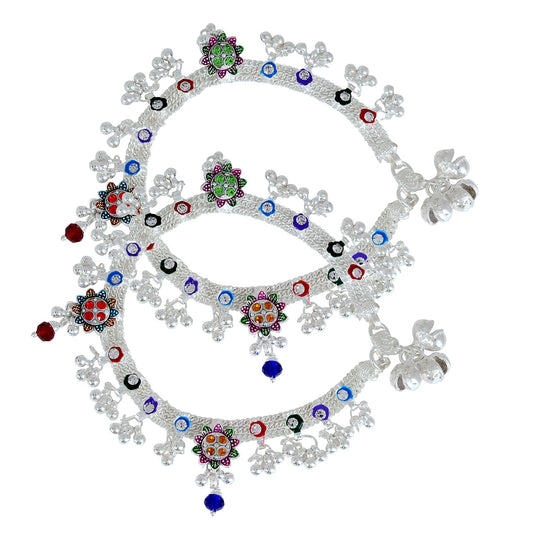 Silver plated handmade Garden look colourful traditional Ethnic Bridal Jewellery Anklet for Women