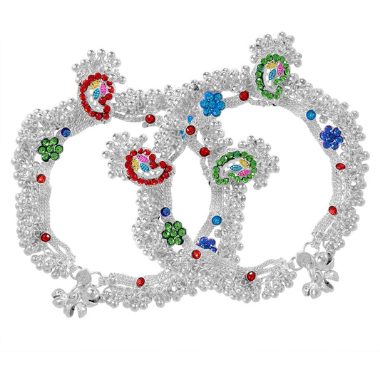 Silver plated Multicolor stone studded, Kairi shape design CZ handmade traditional ethnic jewellery Anklet for Women