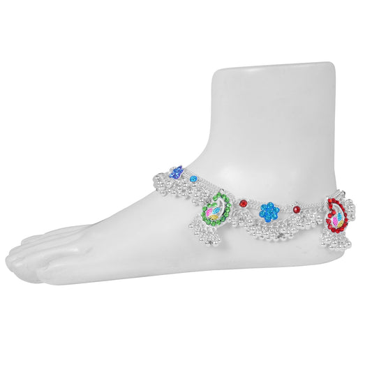 Silver plated Multicolor stone studded, Kairi shape design CZ handmade traditional ethnic jewellery Anklet for Women