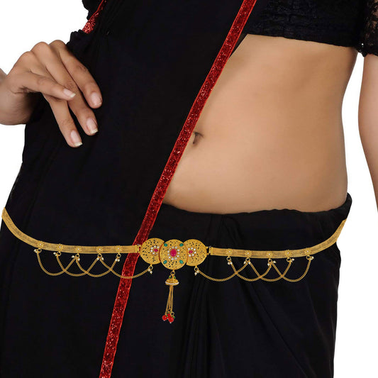 Brass Goldplated Faux Ruby & Imitaiton Diamond Adjustable Traditional Kamarbandh