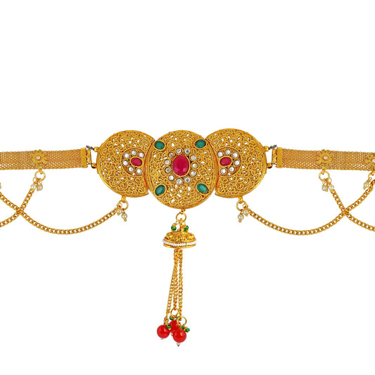Brass Goldplated Faux Ruby & Imitaiton Diamond Adjustable Traditional Kamarbandh