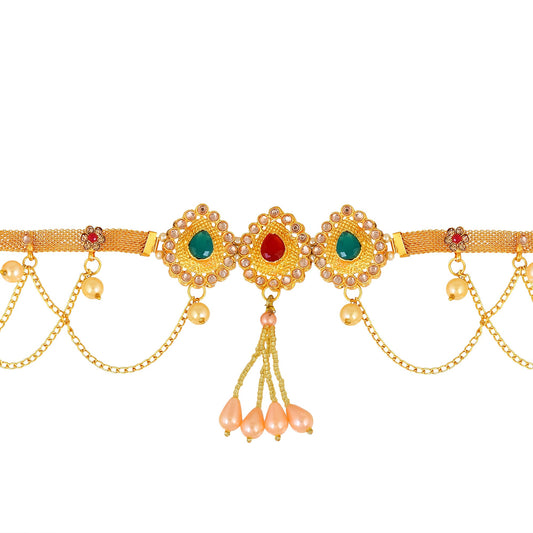 Brass Goldplated Faux Emerald & Ruby with American Diamond & Pearls Long Adjustable Traditional Kamarbandh