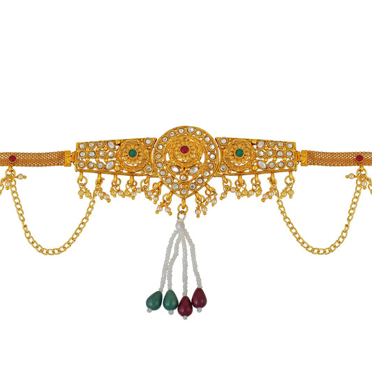 Brass Goldplated Faux Emerald, Ruby, American Diamond, Kundan & Pearls Kamarbandh