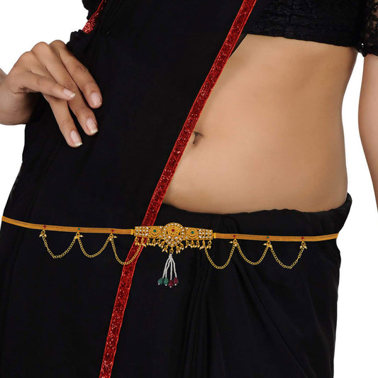 Brass Goldplated Faux Emerald, Ruby, American Diamond, Kundan & Pearls Kamarbandh