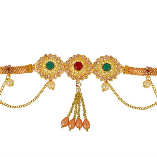 Brass Goldplated Three Dial Faux Emerald Ruby and Pearls Traditional Kamarbandh