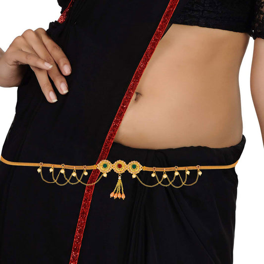 Brass Goldplated Three Dial Faux Emerald Ruby and Pearls Traditional Kamarbandh