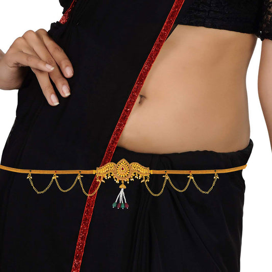 Brass Goldplated Faux Ruby and Pearl Strand Royal Traditional Kamarbandh