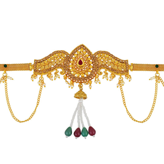 Brass Goldplated Faux Ruby and Pearl Strand Royal Traditional Kamarbandh